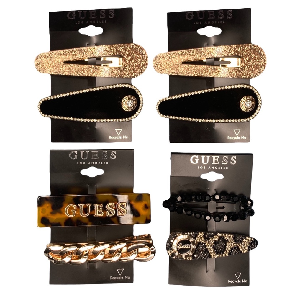 (4) GUESS Hair Clips Accessories Tortoise Chain Bling Rhinestone Leopard Glitter
